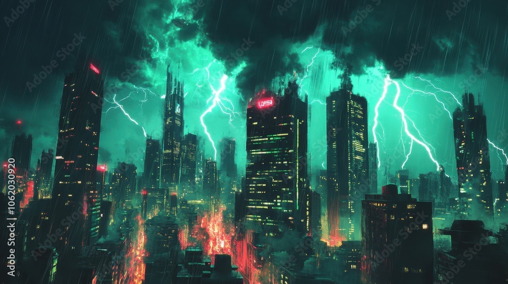 Fototapeta premium Intense thunderstorm over a cityscape, lightning bolts flashing across the sky, casting light on dark buildings below