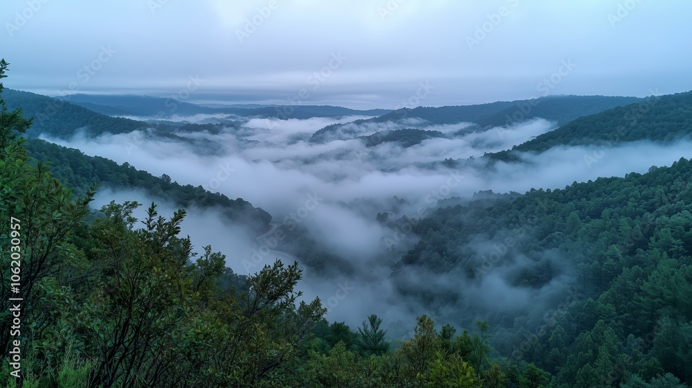 Misty Fog Over Mountainous Landscape