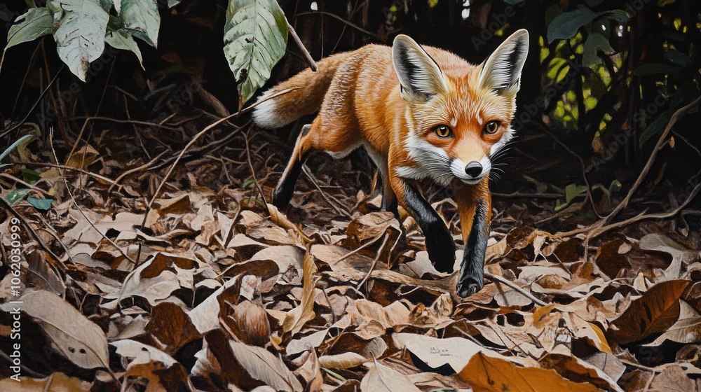 Naklejka premium A Red Fox Walking Through Autumn Leaves in the Forest