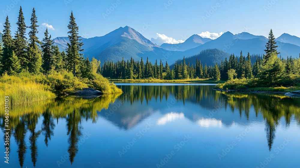 A serene mountain lake with crystal-clear reflections of snow-capped peaks and lush green trees under a bright blue sky. A serene mountain lake with crystal-clear reflections of snow-capped peaks and lush green trees under a bright blue sky.