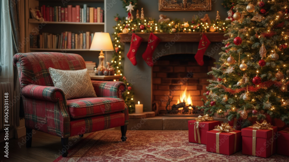 Cozy Living Room Decorated for Christmas Featuring a Glowing Fireplace, Beautifully Adorned Christmas Tree, and Wrapped Gifts Creating a Warm Holiday Atmosphere for Family Celebrations Cozy Living Room Decorated for Christmas Featuring a Glowing Fireplace, Beautifully Adorned Christmas Tree, and Wrapped Gifts Creating a Warm Holiday Atmosphere for Family Celebrations