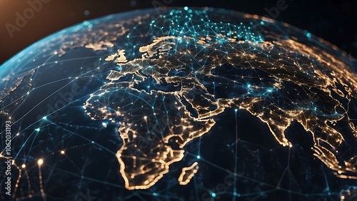 A digital world globe showcasing global networks, connectivity, and high-speed data transfer, symbolizing cyber technology and international communication.
