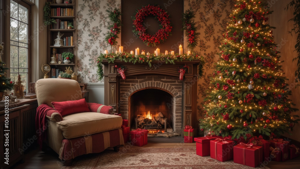 Cozy Christmas Living Room with a Decorated Tree, Glowing Fireplace, and Festive Decorations Creating a Warm Ambiance for Family Gatherings and Holiday Celebrations Cozy Christmas Living Room with a Decorated Tree, Glowing Fireplace, and Festive Decorations Creating a Warm Ambiance for Family Gatherings and Holiday Celebrations