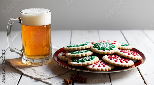 A frothy beer mug beside a platter of festive cookies adorned with red and green icing, set against a rustic wooden table.