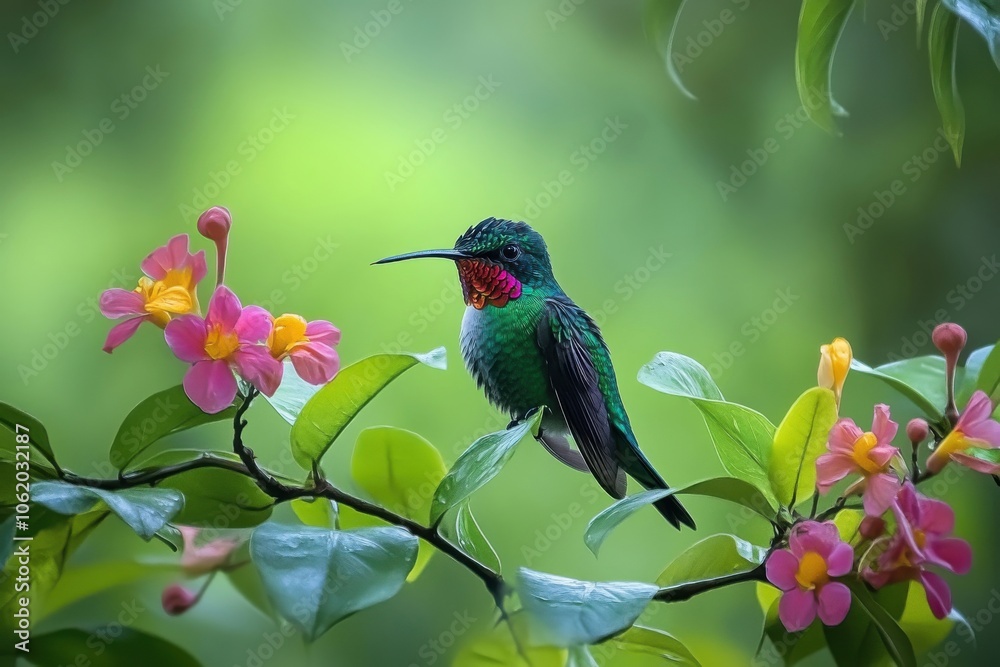 Vividly hued hummingbird perched amid vibrant flowers in a thriving tropical rainforest Vividly hued hummingbird perched amid vibrant flowers in a thriving tropical rainforest