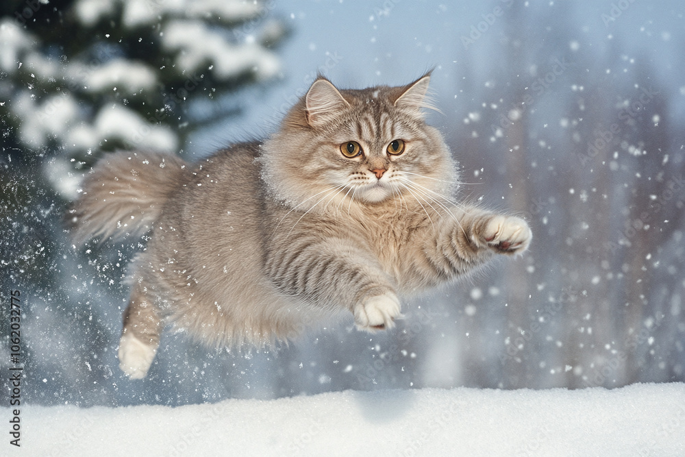 Cat Playing in Snow with Snowflakes, Jumping and Enjoying a Winter Snowy Day Cat Playing in Snow with Snowflakes, Jumping and Enjoying a Winter Snowy Day