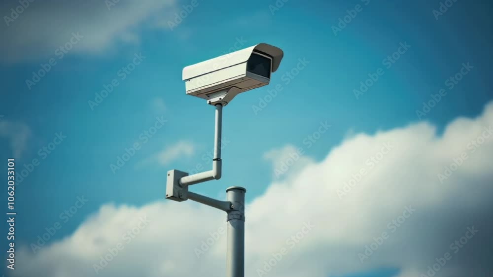 security camera against a blue cloudy sky background, 4k animation video security camera against a blue cloudy sky background, 4k animation video
