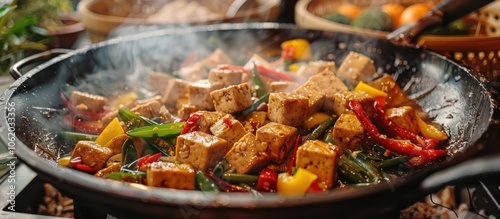 Sizzling Vegetable Stir Fry With Tofu in Wok Delicious and Healthy Asian Cuisine Dish Served Hot on the Table  Fresh Ingredients Like Bell Peppers Broccoli Bok Choy Onions Garlic