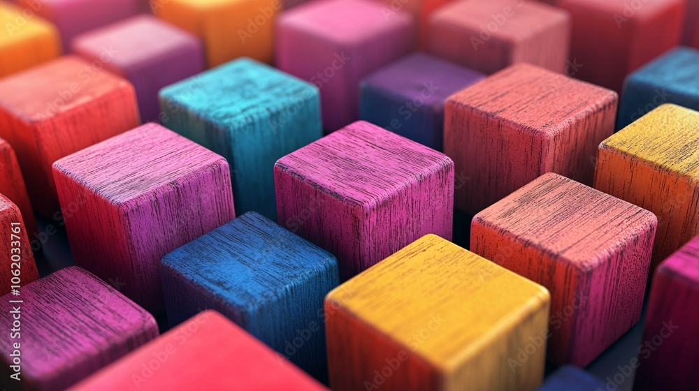 A vibrant arrangement of colorful wooden cubes, showcasing a variety of hues and textures, creating an eye-catching visual display. A vibrant arrangement of colorful wooden cubes, showcasing a variety of hues and textures, creating an eye-catching visual display.