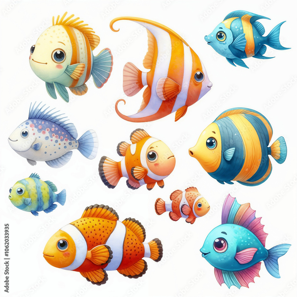 Cute cartoon set with fishes on white background. AI Cute cartoon set with fishes on white background. AI