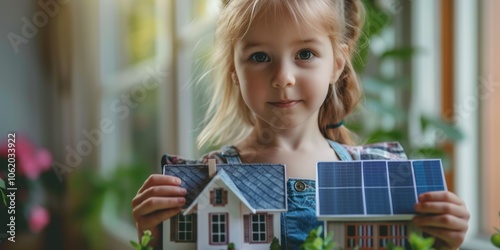 A girl holds in her hands a model of a house with a solar panel. Alternative energy sustainability concept. Generative AI.