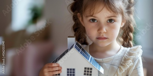 A girl holds in her hands a model of a house with a solar panel. Alternative energy sustainability concept. Generative AI.