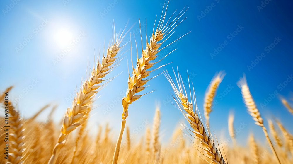 Golden wheat stalks gently swaying under a vibrant blue sky, symbolizing abundance and rural beauty in a classic agricultural setting. Golden wheat stalks gently swaying under a vibrant blue sky, symbolizing abundance and rural beauty in a classic agricultural setting.