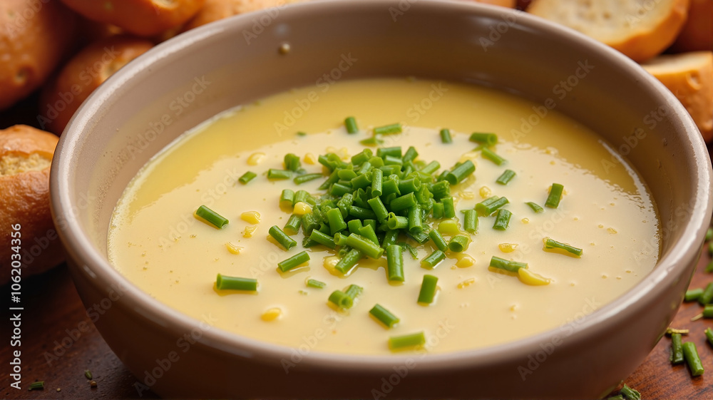 Cheesy Potato Soup with Chives in Rustic Bowl Cheesy Potato Soup with Chives in Rustic Bowl