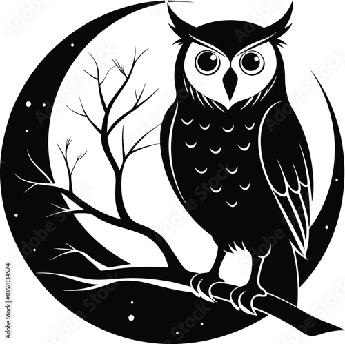 owl perched on tree branch against full moon