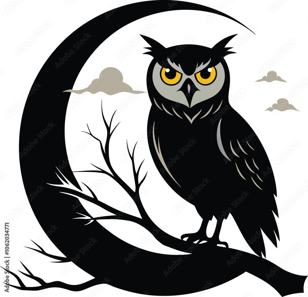 Fototapeta premium owl perched on tree branch against full moon