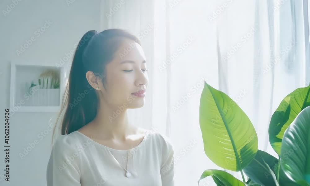 A young woman stands peacefully with closed eyes beside a large green plant, embracing a calm, minimalist setting. A young woman stands peacefully with closed eyes beside a large green plant, embracing a calm, minimalist setting.
