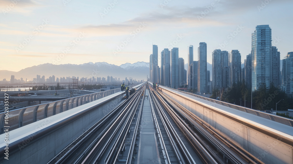 Fototapeta premium Skytrain Repair Station with Engineers Working on Elevated Tracks
