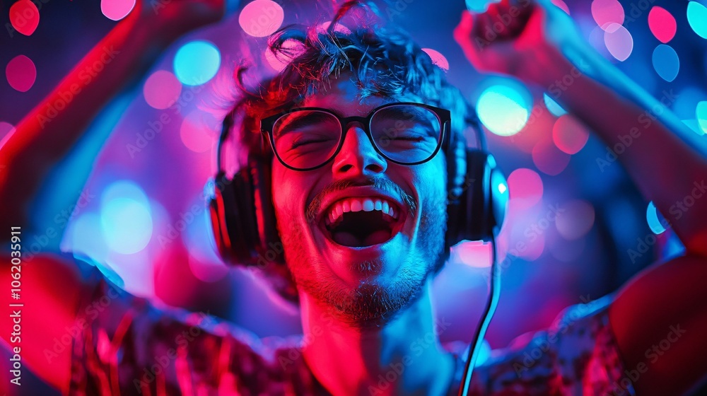 A joyful person dances with headphones on, surrounded by colorful lights, embodying the energy and excitement of music and celebration. A joyful person dances with headphones on, surrounded by colorful lights, embodying the energy and excitement of music and celebration.