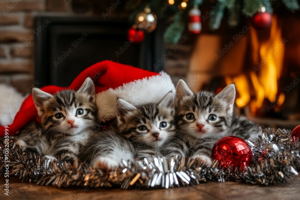 A group of kittens nestled in a Santa hat, surrounded by Christmas ornaments and tinsel, with a cozy fireplace and decorated tree in the background A group of kittens nestled in a Santa hat, surrounded by Christmas ornaments and tinsel, with a cozy fireplace and decorated tree in the background