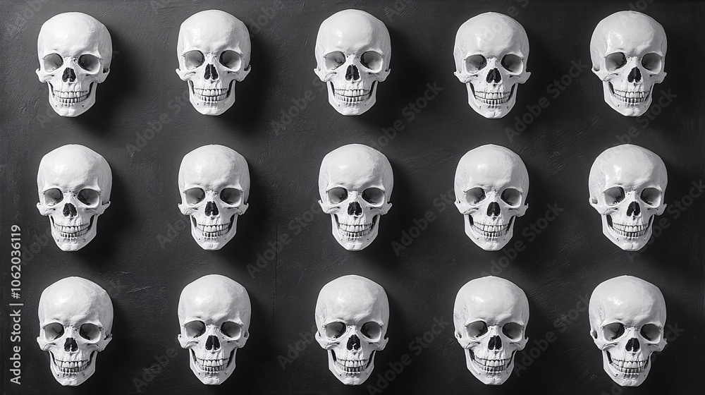 A grid of white skulls arranged neatly against a dark background, creating a striking visual contrast and an eerie atmosphere. A grid of white skulls arranged neatly against a dark background, creating a striking visual contrast and an eerie atmosphere.