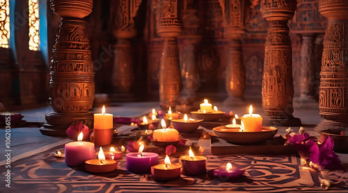 Mystical Tantra Vidya Practice with Sacred Geometric Patterns and Candles in an Ancient Temple photo