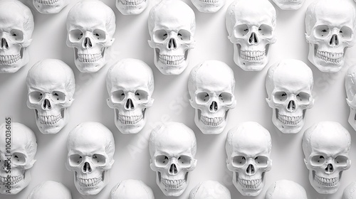 A patterned arrangement of numerous white skulls displayed against a light background, creating an intriguing visual effect.