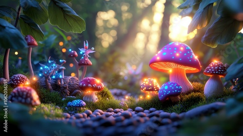 Whimsical Woodland Wonderland: Glowing Mushrooms and Enchanted Forest Bridge photo