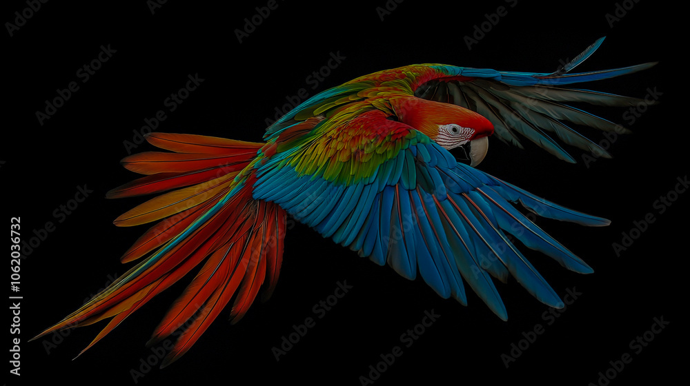 Fototapeta premium A vibrant, detailed parrot in mid-flight, with its wings spread wide, showcasing a rich array of colors