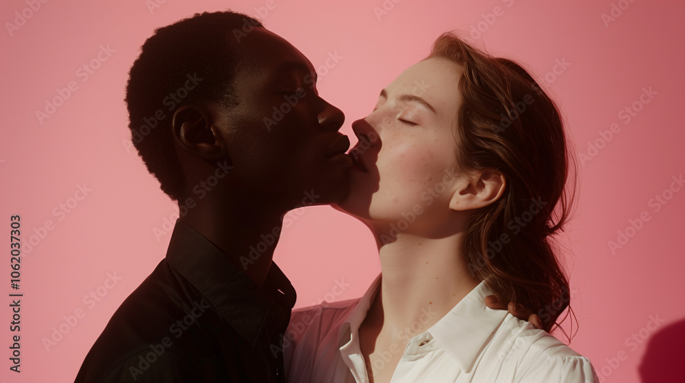 Pareja interracial en una pose romántica con fondo rosado Pareja interracial en una pose romántica con fondo rosado
