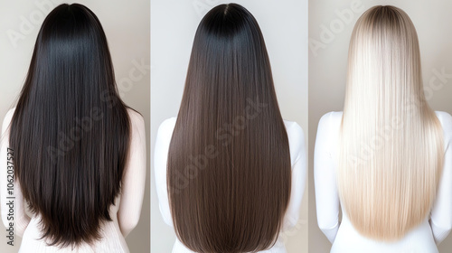 Three long, smooth hairstyles displayed side by side; showcasing natural dark, brown, and blonde hair on a neutral background. photo