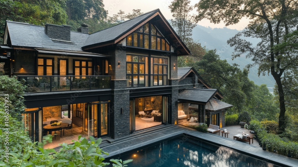 Modern luxury villa with swimming pool, outside view architecture Modern luxury villa with swimming pool, outside view architecture