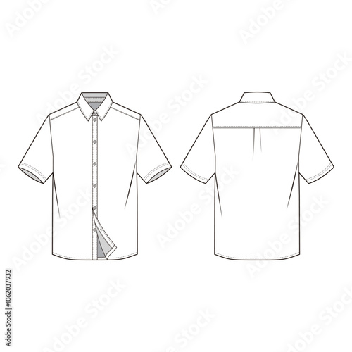 Short-sleeve shirt technical drawing, front and back view with classic collar, placket, and yoke seam, simple design.
