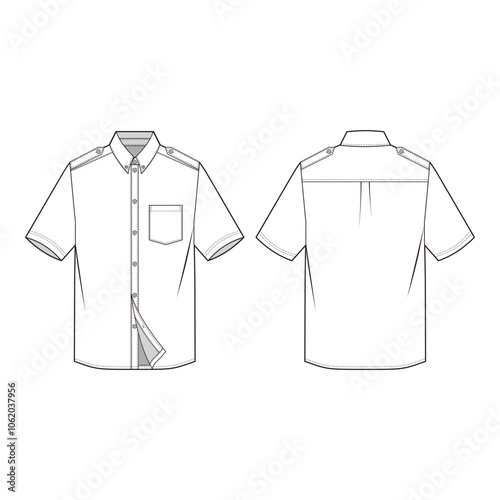 Short-sleeve shirt with collar, button placket, front pocket, and back yoke seam, technical illustration in minimalist style.
