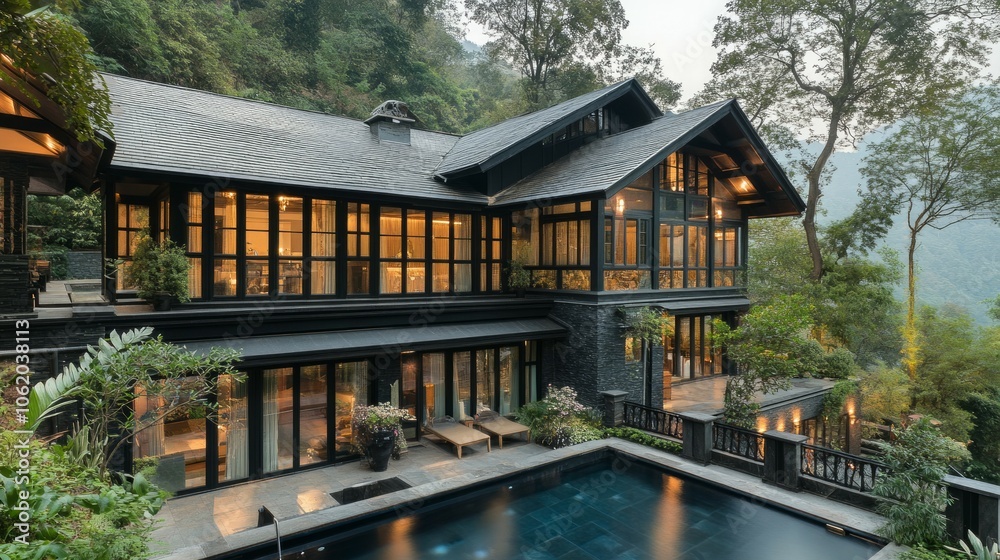 Modern luxury villa with swimming pool, outside view architecture Modern luxury villa with swimming pool, outside view architecture