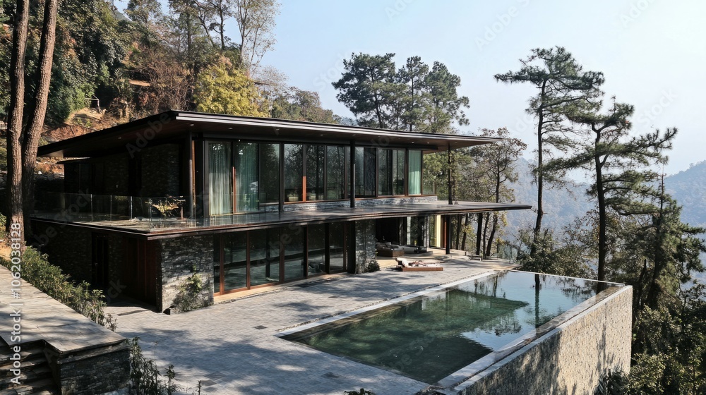 Modern luxury villa with swimming pool, outside view architecture