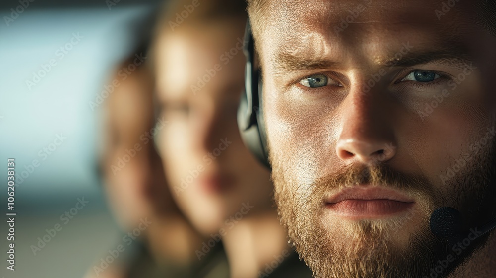 A man with a headset on his head is looking at the camera. He is wearing a beard and has a serious expression on his face A man with a headset on his head is looking at the camera. He is wearing a beard and has a serious expression on his face