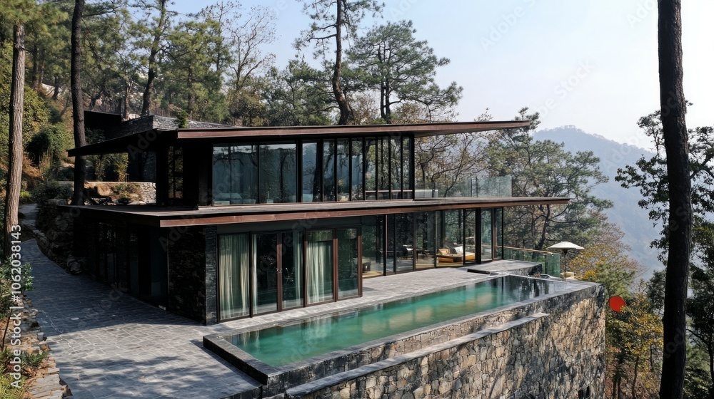 Modern luxury villa with swimming pool, outside view architecture Modern luxury villa with swimming pool, outside view architecture