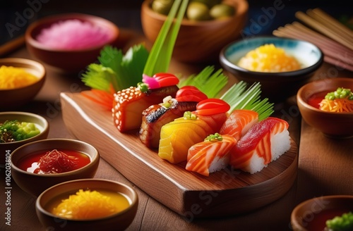 Food photography. Traditional Asian cuisine. Template for a restaurant business, menu, recipe book, gastronomy and cooking banner. Japanese sushi roll with salmon and seafood served on a wooden plate. photo