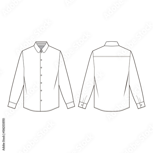 Long-sleeve shirt technical drawing with button placket, classic collar, cuff details, and simple back yoke seam in line art.
