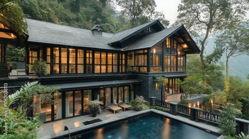 Modern luxury villa with swimming pool, outside view architecture