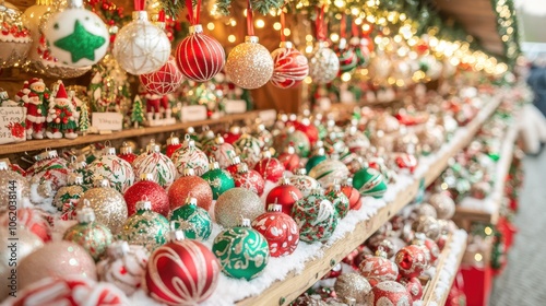 A vibrant display of colorful Christmas ornaments on wooden shelves at a festive market