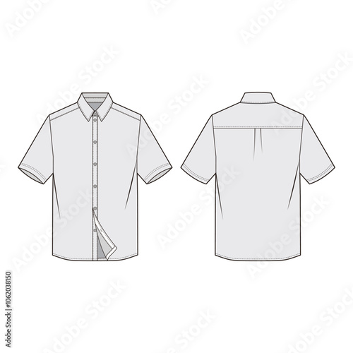 Short-sleeve shirt technical drawing, front and back view with classic collar, button placket, and back yoke seam in minimalist line art.
