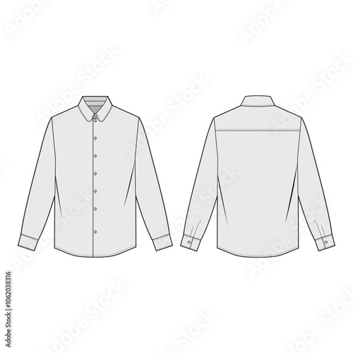Long-sleeve shirt technical drawing with classic collar, button placket, cuff details, and back yoke seam in minimalist line art.
