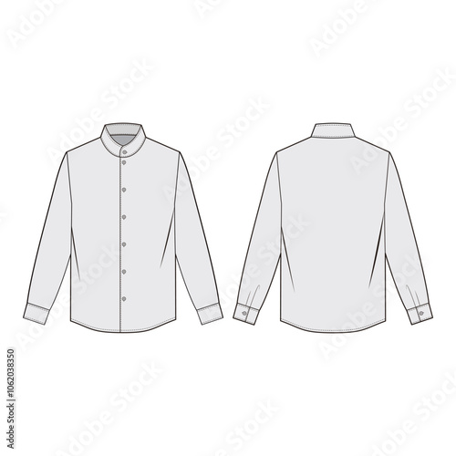 Long-sleeve shirt with mandarin collar, button placket, cuff details, and yoke seam in minimalist line art style.
