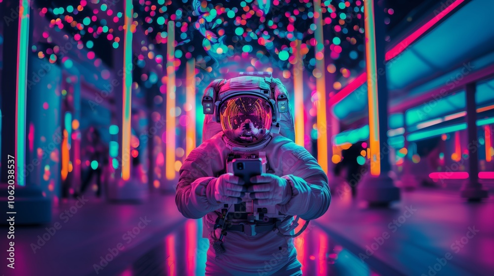 Astronaut Exploring a Futuristic Neon-Lit Space Station with Vibrant Colors Astronaut Exploring a Futuristic Neon-Lit Space Station with Vibrant Colors