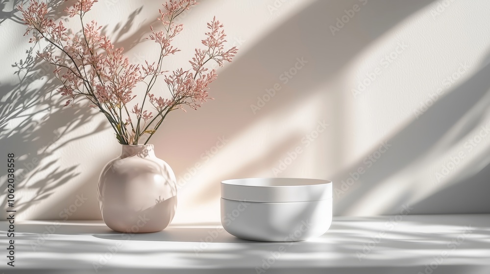 Fototapeta premium Soft Shadows on Clean White Background with Vase and Bowl