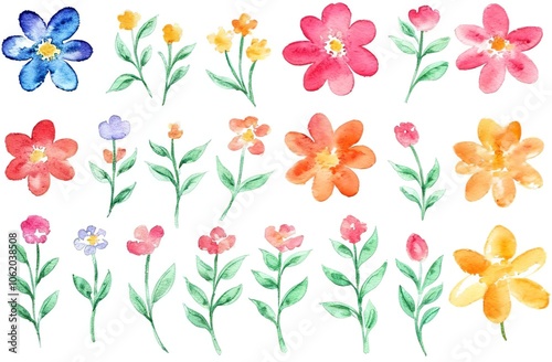 Watercolour set of flower elements, floral collection with petals and leaves on white background. Watercolor decoration for wedding invitation, greeting postcard template.