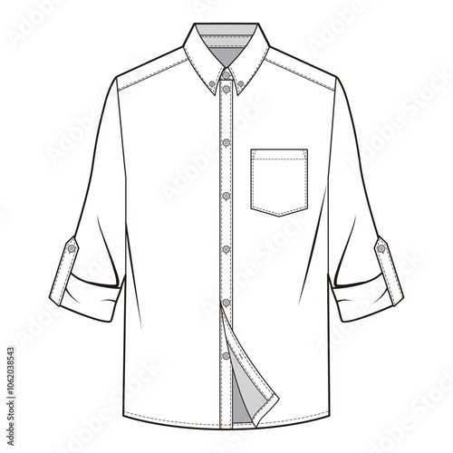 Front view of roll-up sleeve shirt with classic collar, button placket, front pocket, and shoulder epaulettes in line art.
 photo