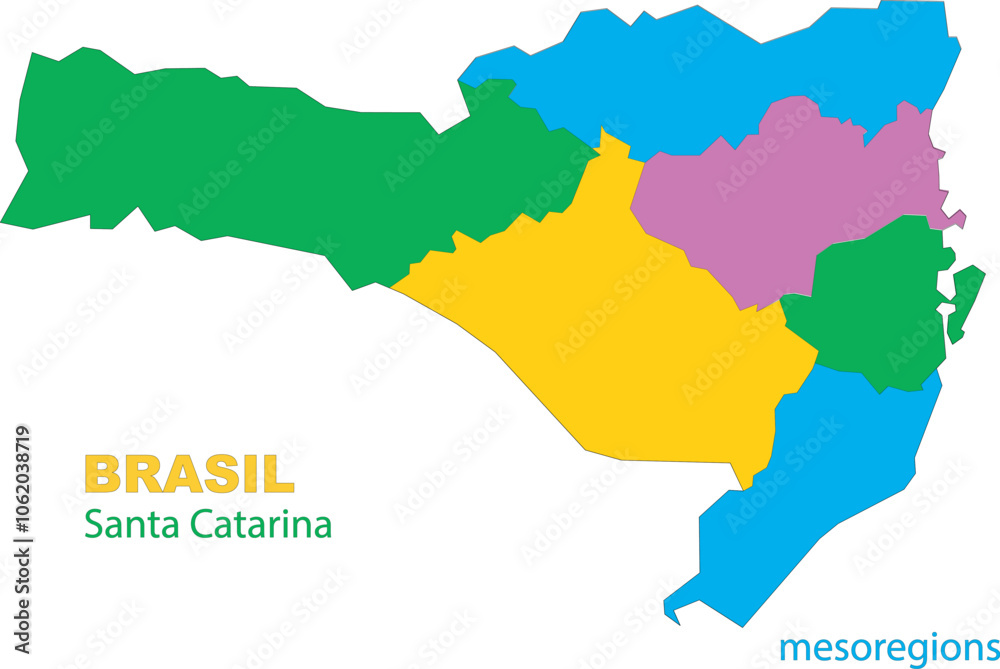 Obraz premium Map of the territory of the state of Santa Catarina with divisions by highlighted mesoregions, vector with simple lines of political divisions
